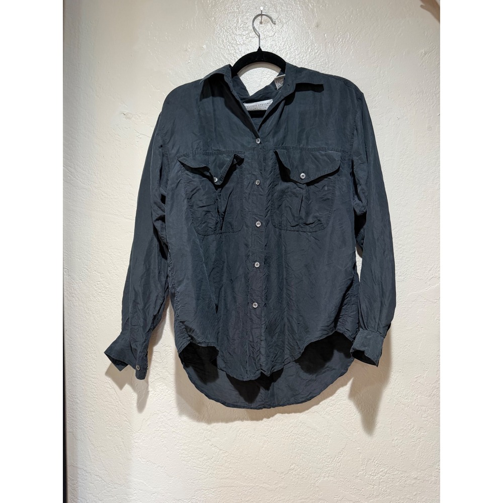 Valerie Stevens Black 100% Silk Button Up Utility Shirt Womens Small Long Sleeve